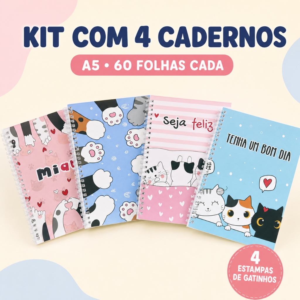 Kit 4 Cadernos A5 Espiral 60 Folhas Pautadas Gatinho Kawaii Fofo Escolar Anotações