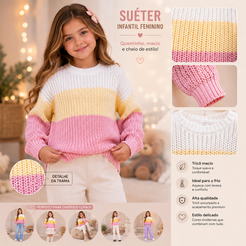 Blusa de Frio Infantil Feminina Tricô Suéter Menina Inverno Moda Infantil Confortável