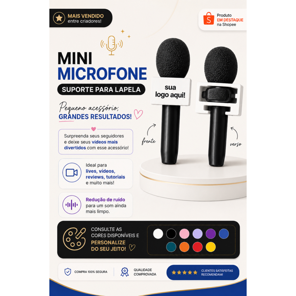 Mini Microfone para Hollyland Lapela Personalizado com Logo Nome @ | Suporte para Reels, TikTok e Criador de Conteúdo