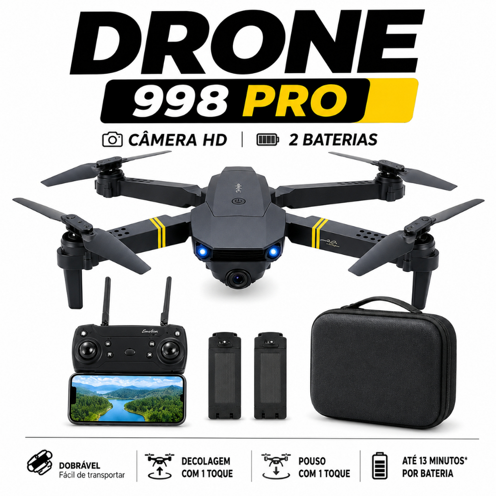 Drone 998 PRO Dobrável Câmera HD WiFi FPV Controle APP RC 2 Baterias Headless Hover 360° Drona infantil