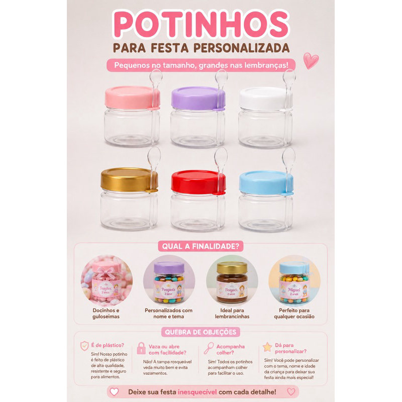 Mini Potinho 40g Plástico com colher - Imita pote Nutella Lembrancinha - PRONTA ENTREGA com adesivo