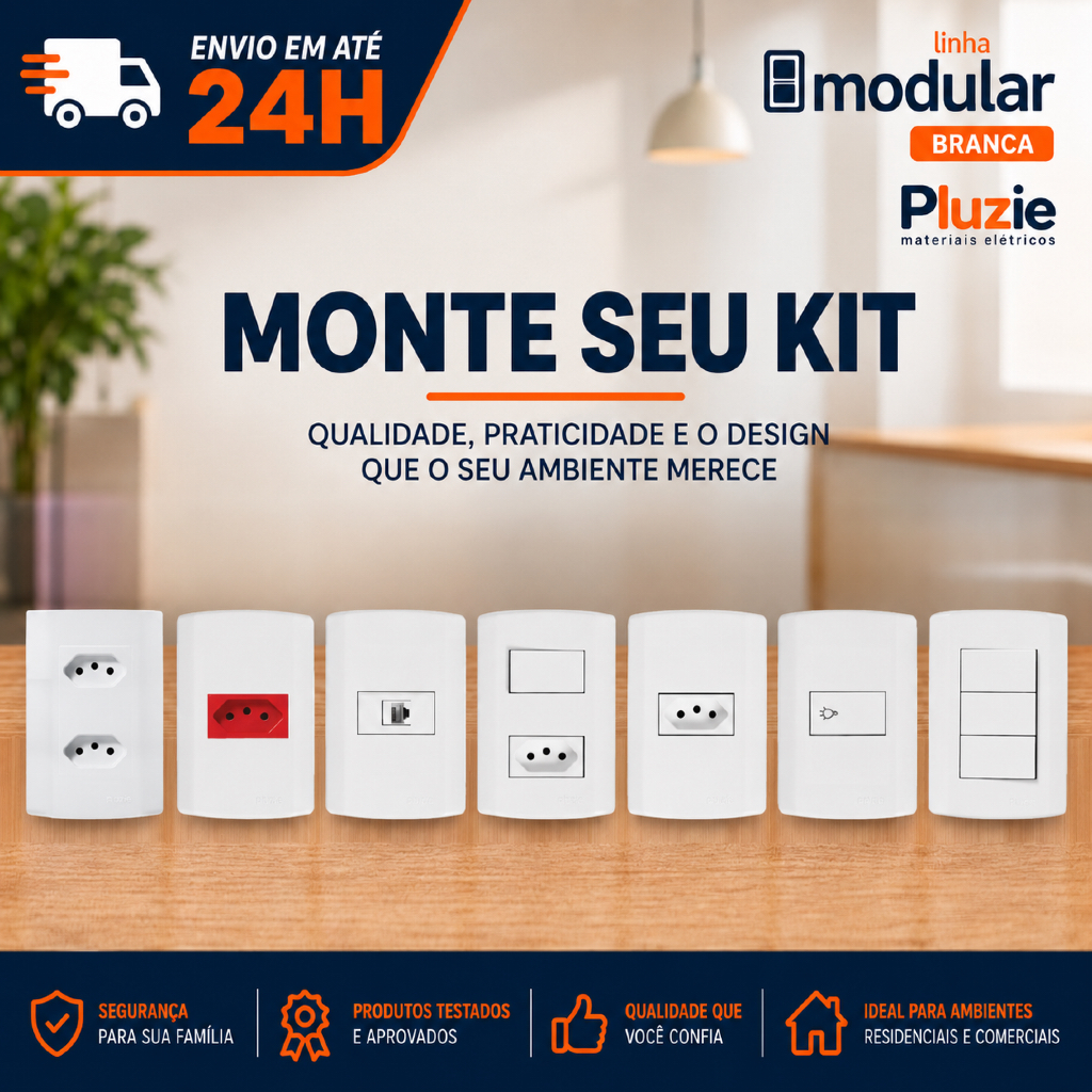 Tomada Interruptor Pluzie Modular Embutir Branca Linha Completa Monte Seu Kit Personalizado Linha Pluzi