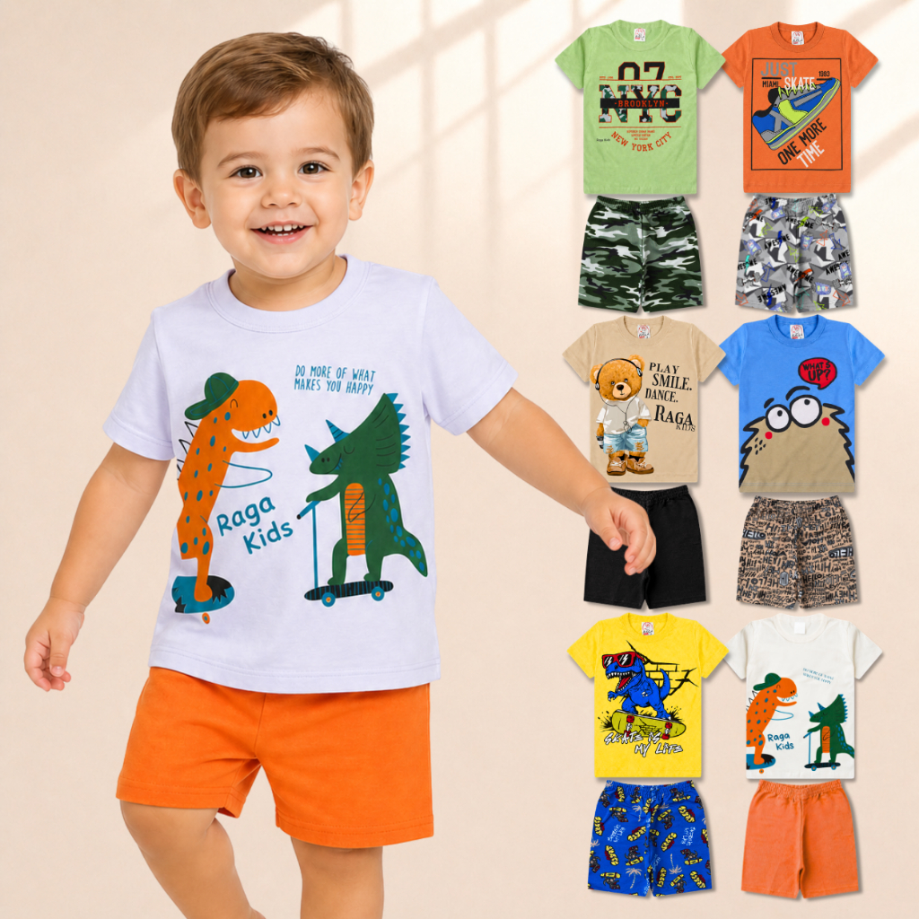 Kit 6 Conjuntos Infantis Masculinos para Menino – 12 Peças: 6 Camisetas + 6 Bermudas Sortidas, Tam. 1 ao 14