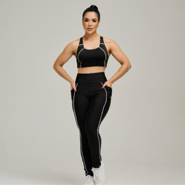 Calça Legging Feminina Cintura Alta Suplex Premium Zero Transparência com Bolsos Listras Laterais Academia Fitness