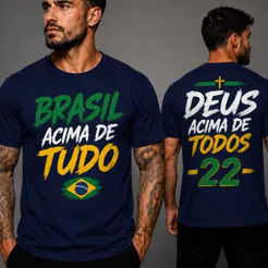Camisa Camiseta Masculina Brasil Acima de Tudo Verde e Amarelo PL 22 Política 2026 100% Algodão Unissex