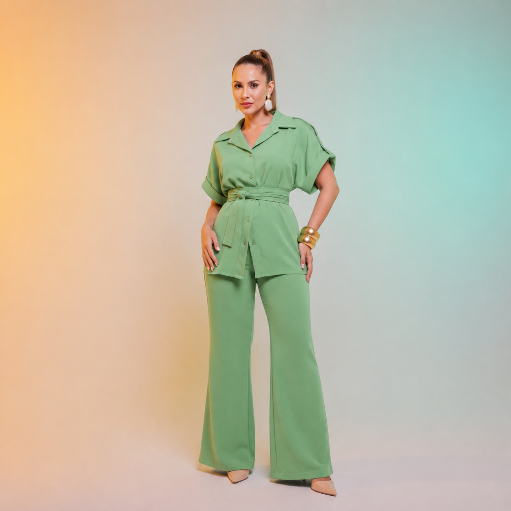 Conjunto Feminino Calça Pantalona e Blusa com Faixa na Cintura | Look Elegante Social