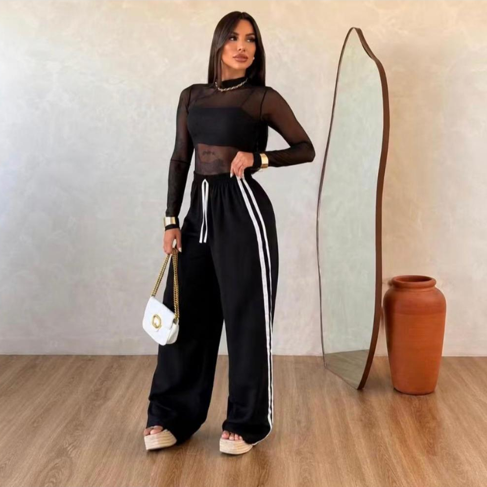 Calça Pantalona Sensorial Tecido Duna Com Listras Laterais Cintura Alta