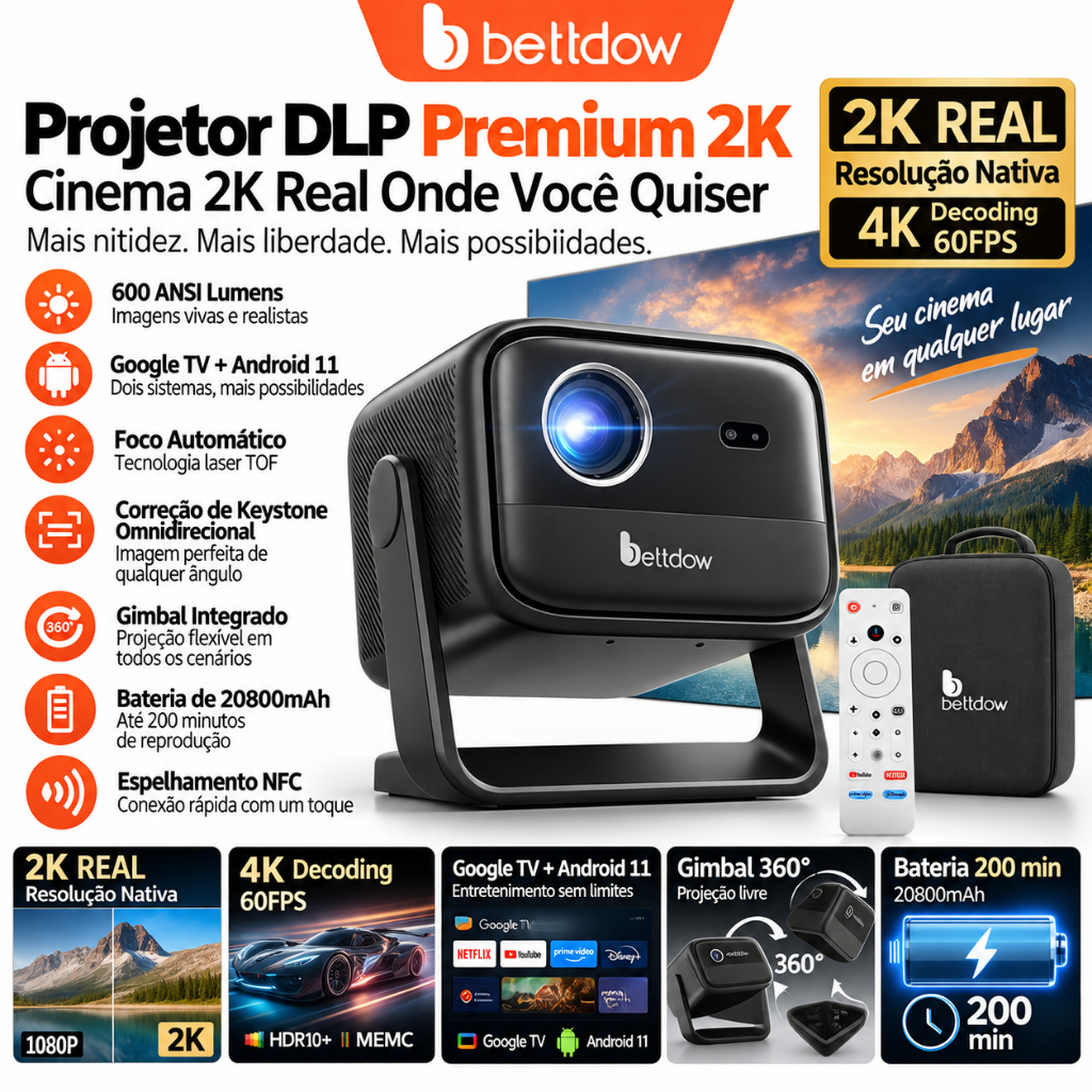 Projetor BETTDOW 4K DLP 600ANSI, sistema Google TV, com tecnologia NFC e compensação de movimento carregamento externo