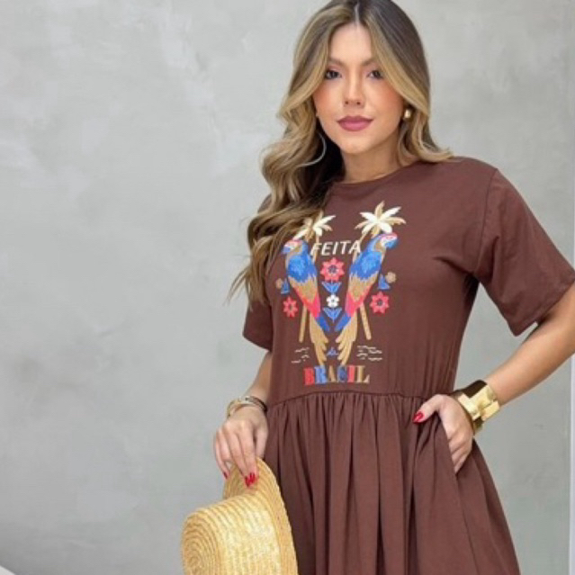 vestido longo feminino manga curta tipo camisetão verão 100% algodao  com  estampas  tropicais, confortavel veste 38 a46