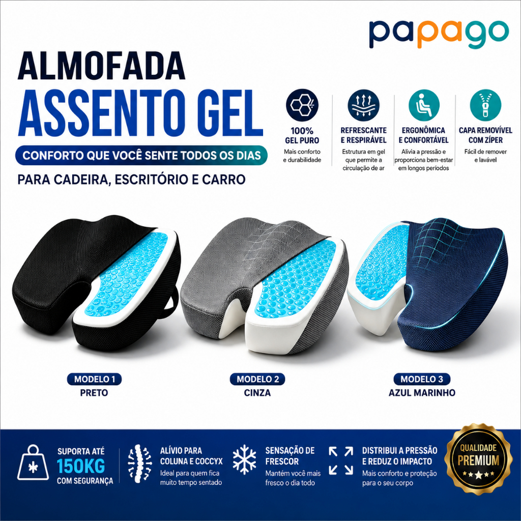 Almofada Assento Gel Puro Ergonômica Refrescante para Cadeira Escritório Carro com Capa Lavável