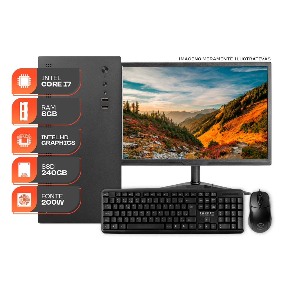 Computador Home Essential S, Intel Core i7, 8GB DE RAM, SSD 240GB, Completo com Monitor e Periféricos