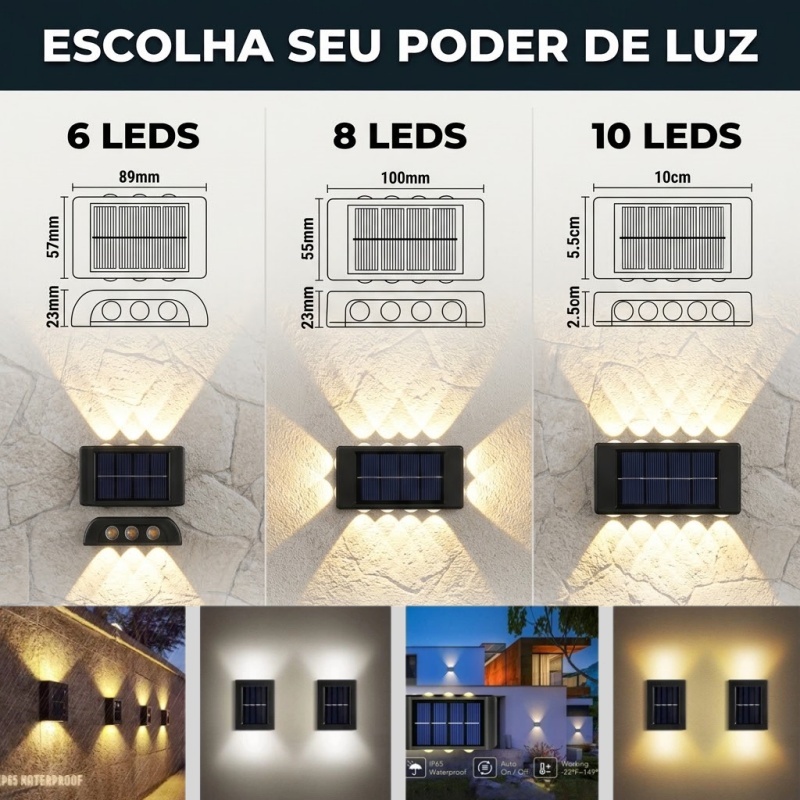 Kit 2/4/6/10 Peças Luminária Solar Parede LED Facho Duplo Arandela Externa Impermeável Muro Jardim Luz Quente