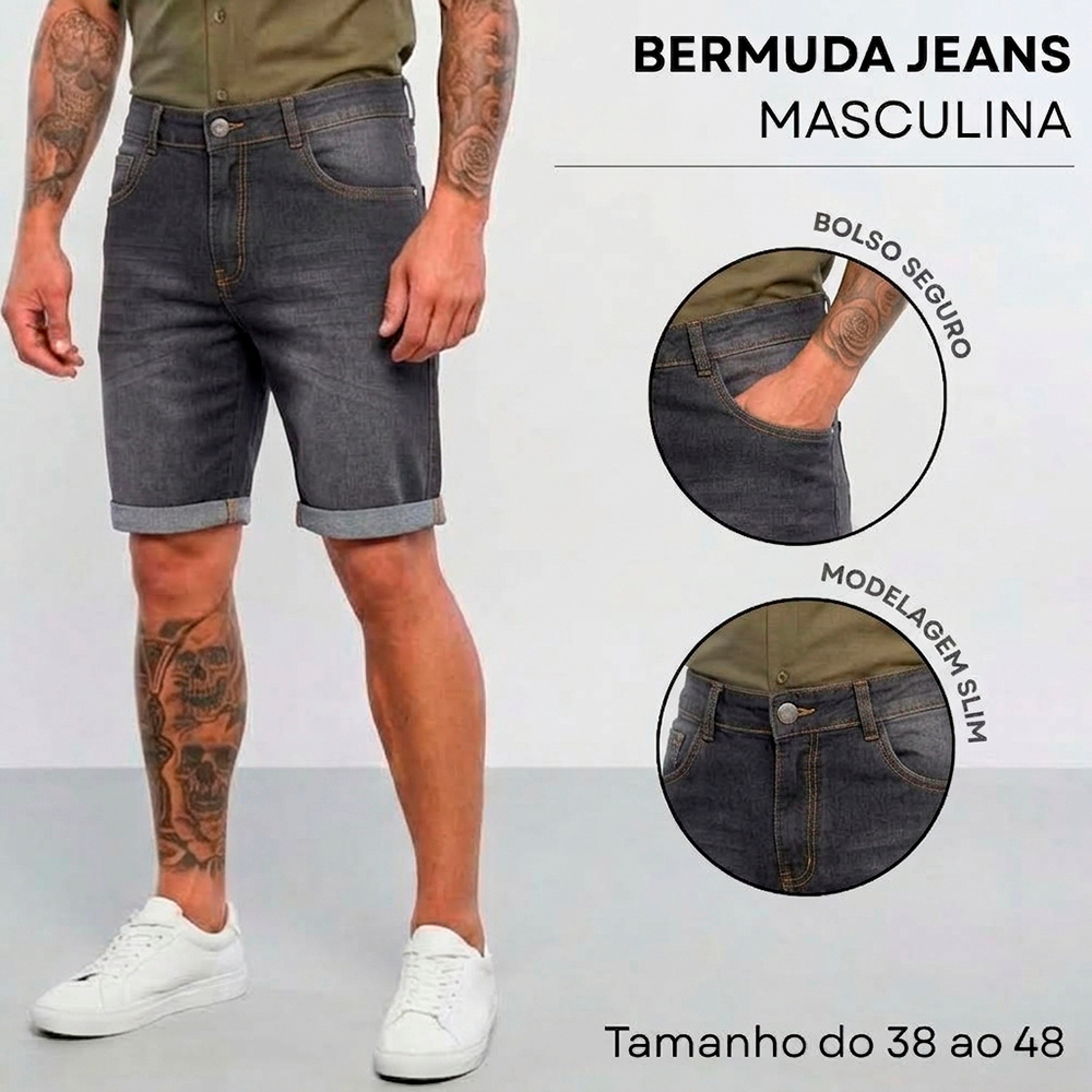 Bermuda Masculina Jeans Grafite Slim Fit Barra Dobrada Estonado Urbana 961281