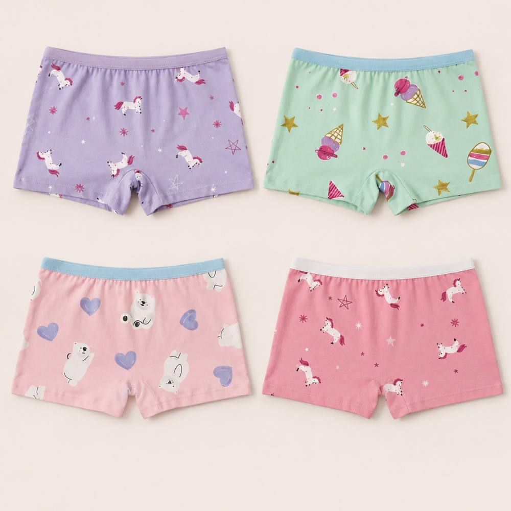 Kit 4 Calcinhas Boxer Infantil para Menina em Suede Estampadas Cores Sortidas Modelo Shortinho