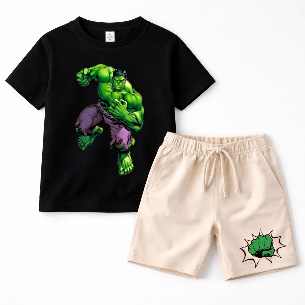 Kit Infantil Hulk Menino Camiseta Estampada + Bermuda Super Herói Conjunto Roupa Infantil Masculina