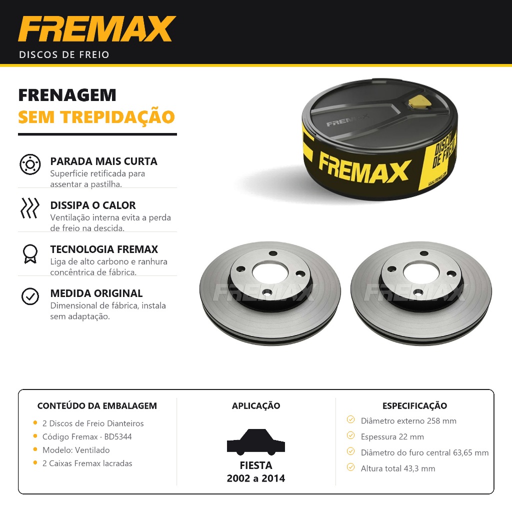 Par Disco de Freio Ventilado FIESTA 2002 a 2014 C/ ABS Fremax