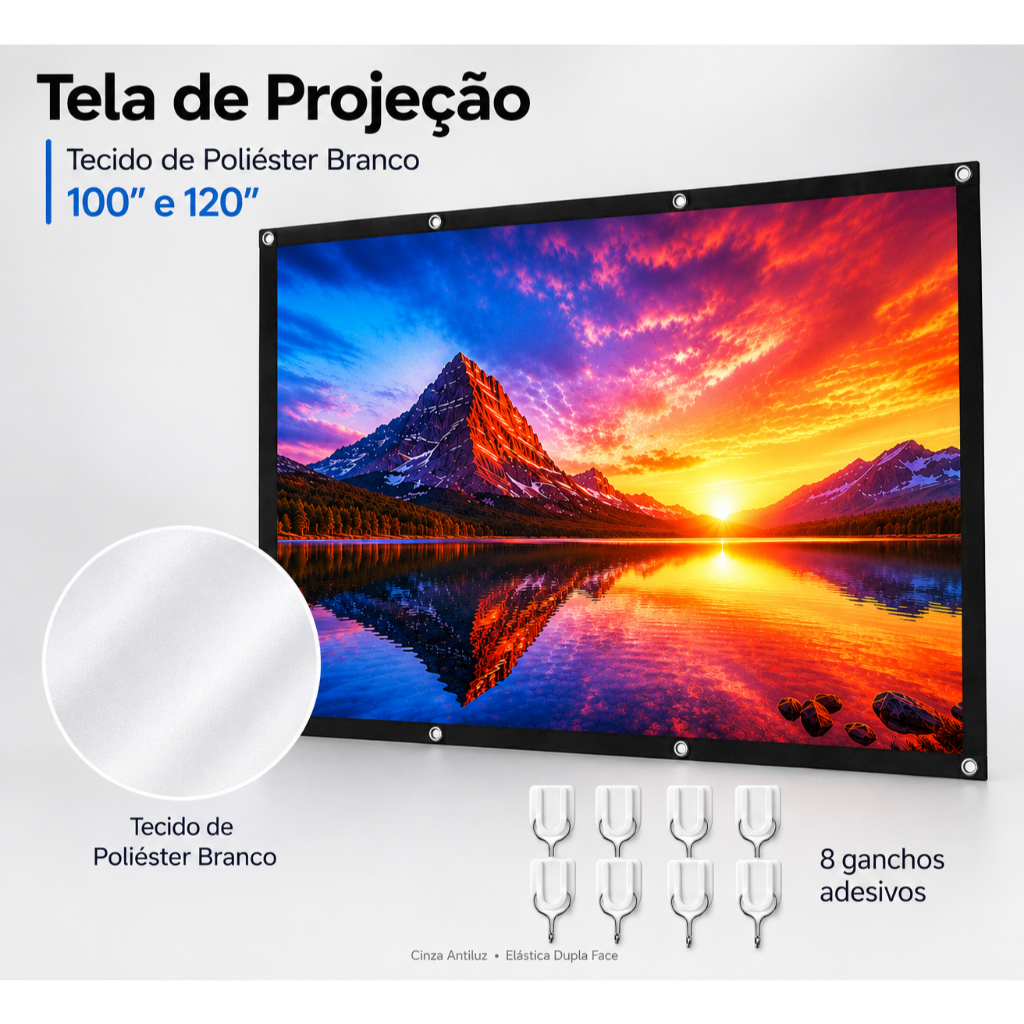 TASSOS Tela de Projeção Branco 4K 100 120 Polegadas 16:9 Para Projetor Portátil LED LCD DLP Parede Casa