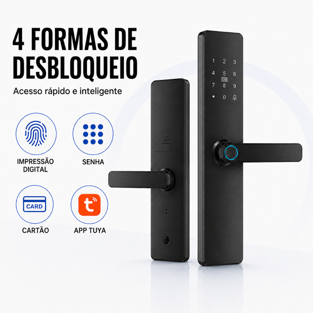 Fechadura Digital Eletrônica Inteligente Biométrica WiFi Tuya para Porta com Senha Cartão Impressão Digital e App