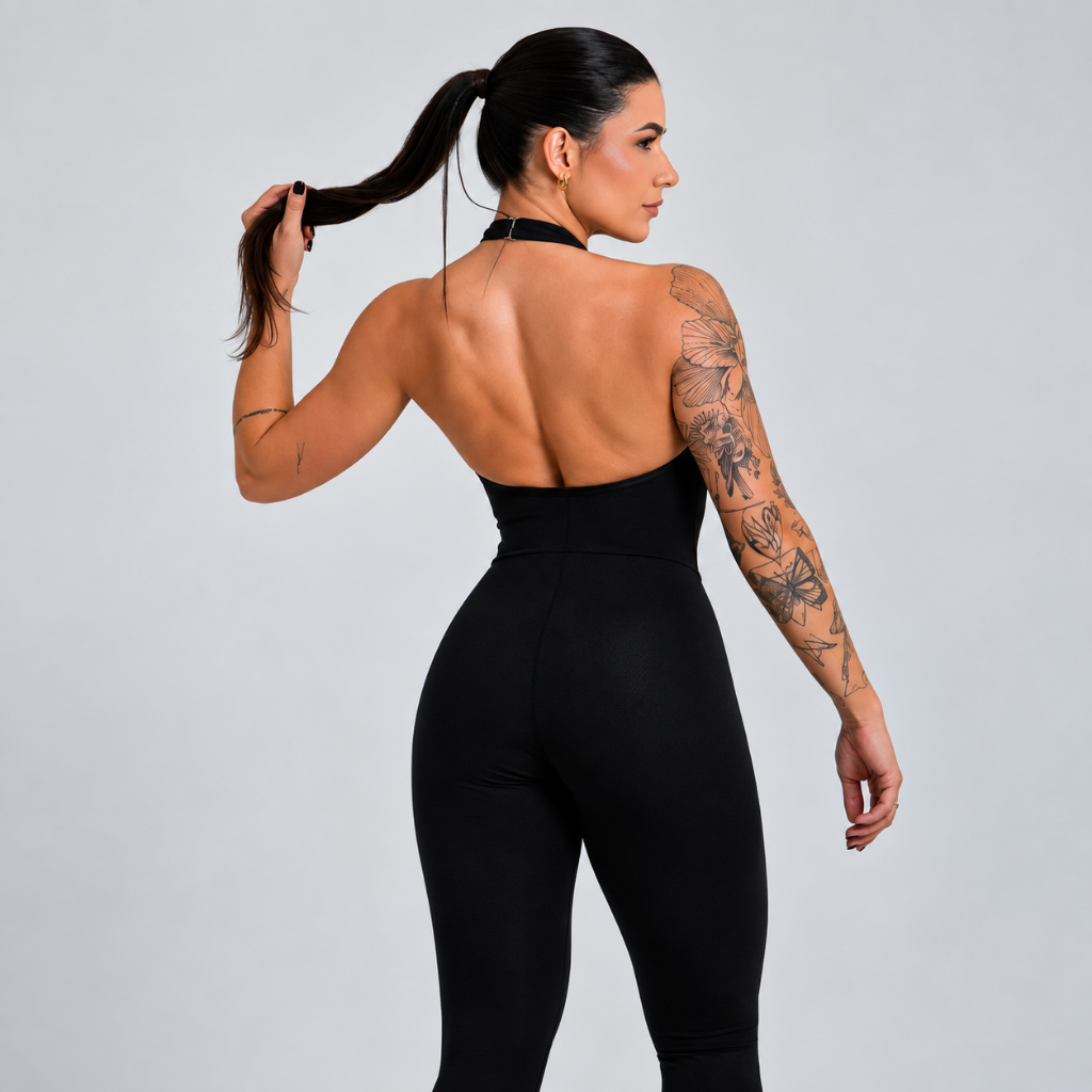 Macacão Longo Feminino Fitness Costas Abertas Zero Transparência Academia Treino