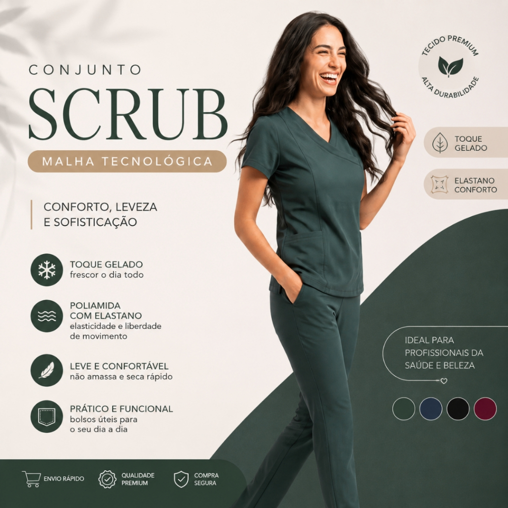 Conjunto Scrub Feminino Malha Tecnológica Poliamida com Elastano Toque Gelado Proteção UV