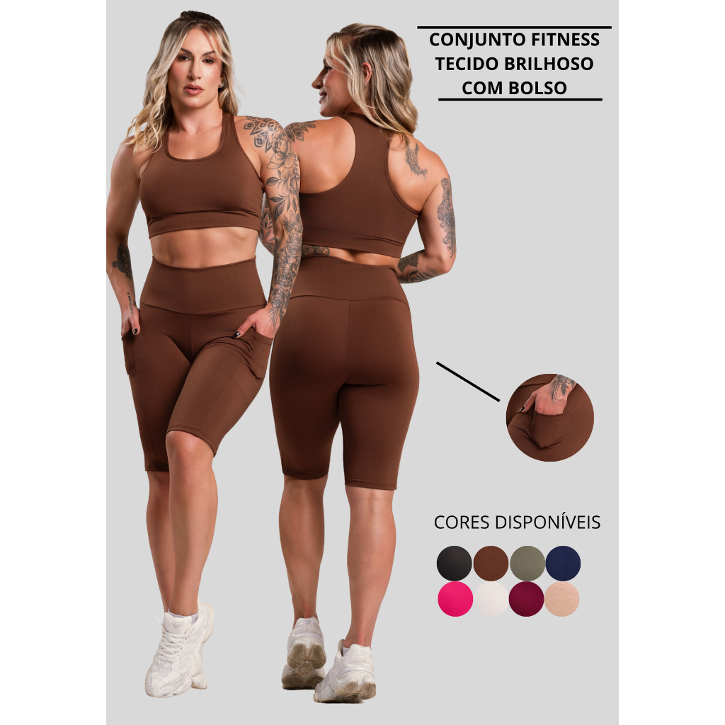 Conjunto Fitness Feminino Brilhoso Academia Top Nadador Liso e Bermuda Bolso Cintura Alta Brilho ZERO TRANSPARÊNCIA