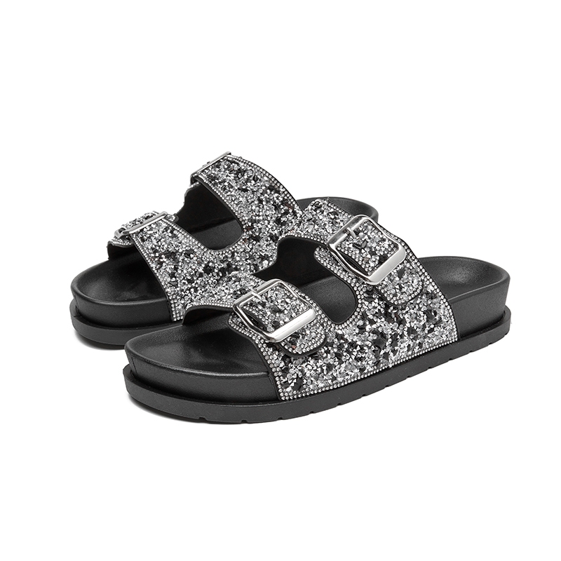 Sandália Birken Papete Feminina Luxo Strass Fivelas Ajustáveis Conforto Verão 2026 Meijile