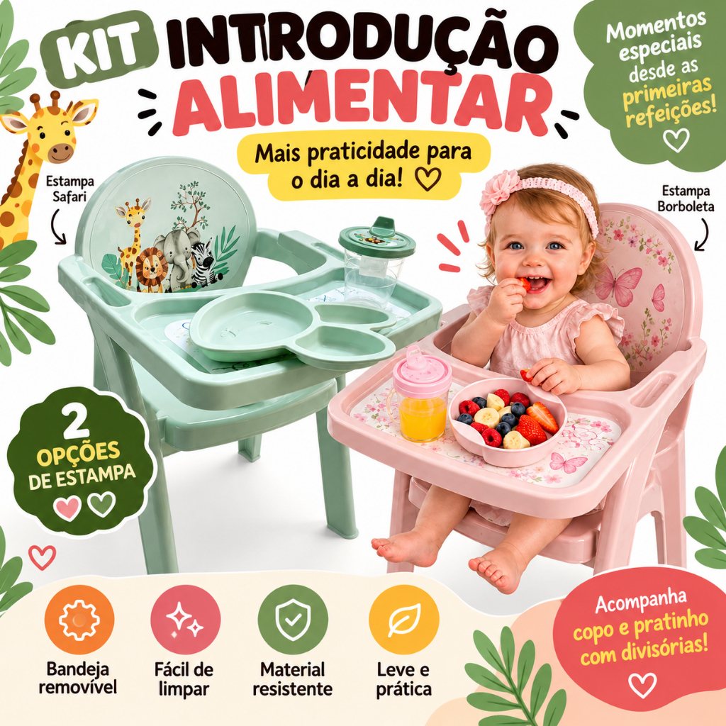 Cadeirinha de Alimentação Infantil Cadeira de Refeição Para Bebê com Kit Refeição Para Bebê Pratinho+Colher+Copo