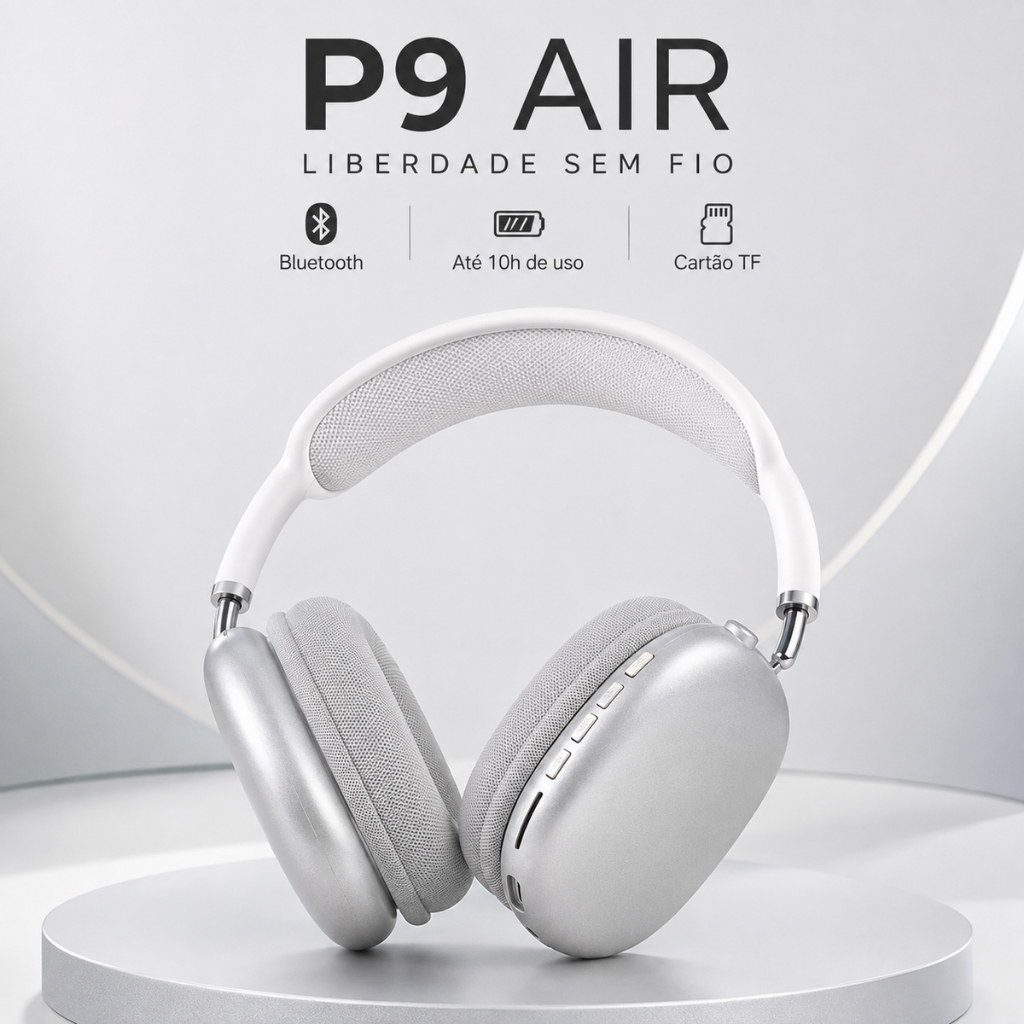 Fone de Ouvido Bluetooth P9 AIR Prata Sem Fio com Microfone e Cartão TF