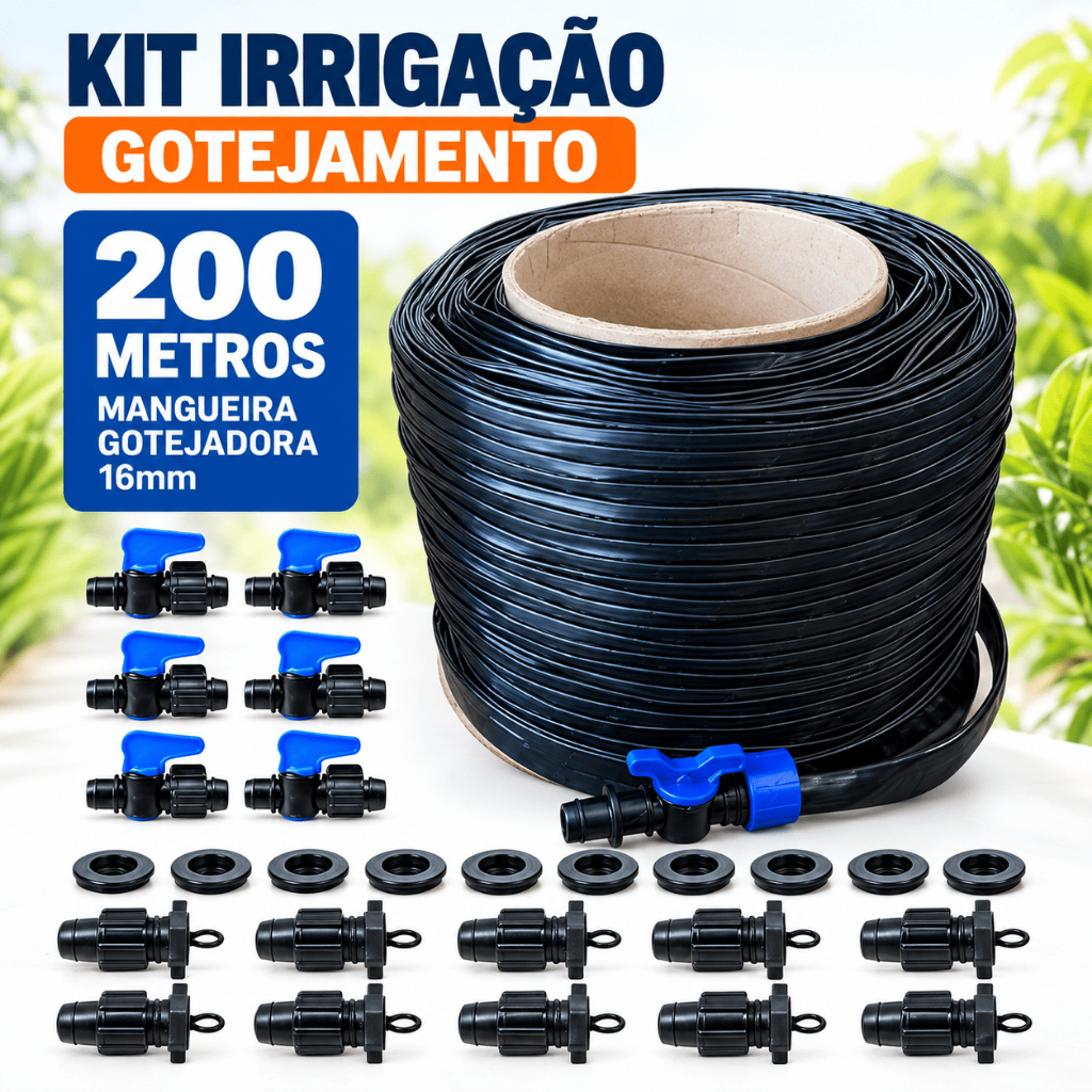 Kit 200m Mangueira De Gotejamento 16mm Registros E Chulas Preto