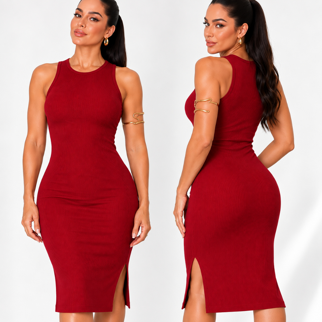 Vestido Regata Midi Canelado Feminino Com Fenda Lateral do M ao GG Preto Marrom Vermelho