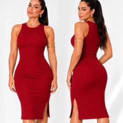 Vestido Regata Midi Canelado Feminino Com Fenda Lateral do M ao GG Preto Marrom Vermelho