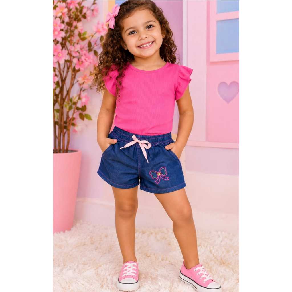 Shorts Jeans Menina Infantil Bordado Promoção Verão Confortável