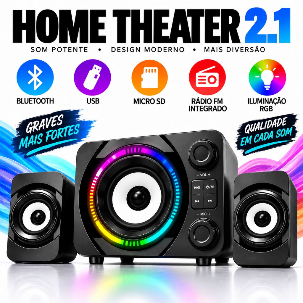 Home Theater 2.1 Bluetooth Com Subwoofer Potente Graves Intensos Radio FM Usb Entrada P/ Microfones