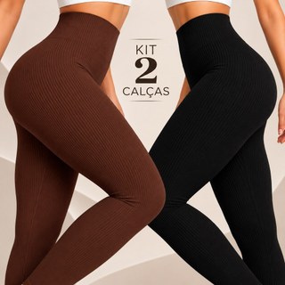Kit 2 Calças Legging Canelada Premium de Cintura Alta Sem Costura Academia Feminina Elástica e Fitness