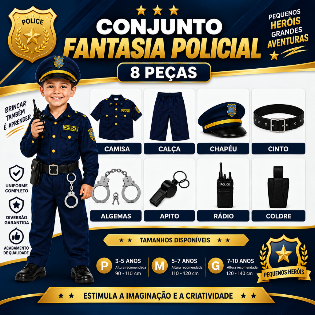 Uniforme De Polícia Fantasia Para Crianças 8 pçs de Acessórios+Dramatização/90-130 cm