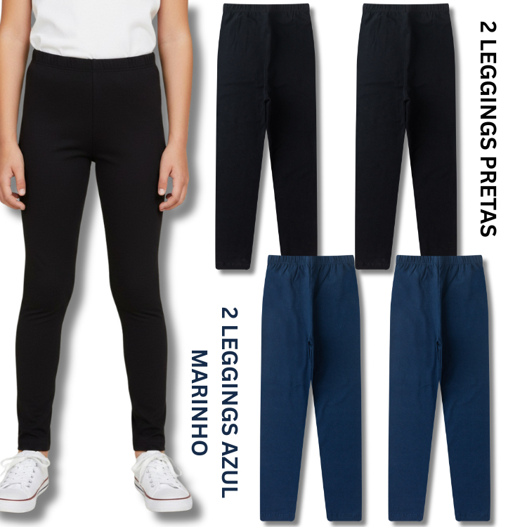 Kit Legging Escolar Lisa Preta e Azul Marinho Feminina/Menina Infantil Juvenil Calça Meia Estação