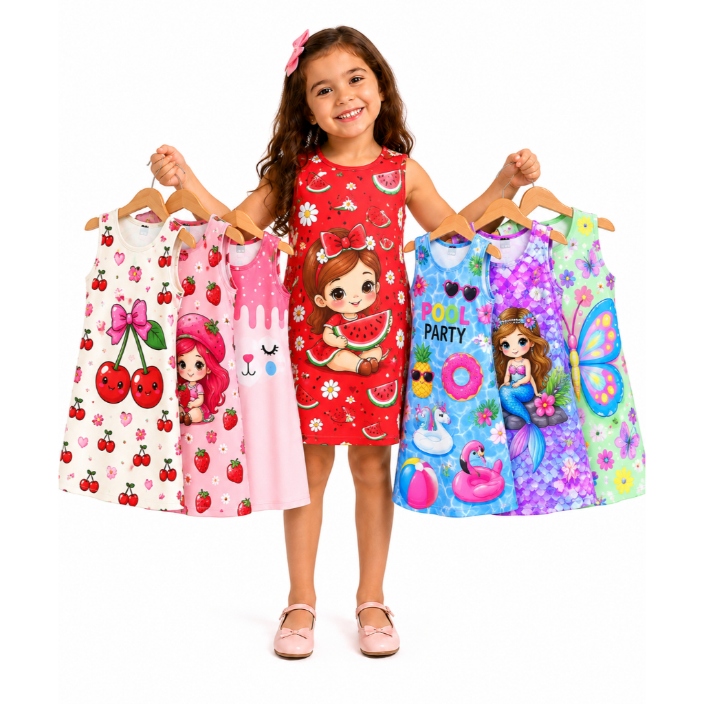 Kit com 5 Vestidos Infantis Menina Estampados – Roupa Feminina Infantil Verão