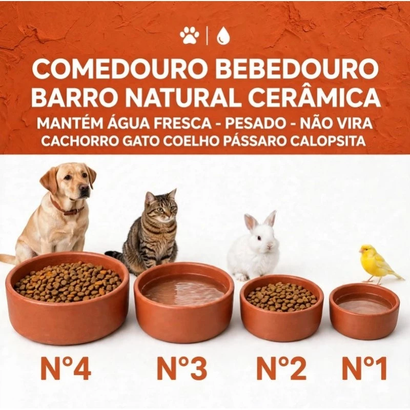 Comedouro Bebedouro Barro Natural Artesanal Pet Cão Gato Coelho Pàssaros Antiderrapante Atóxico Mantém Água Fresca