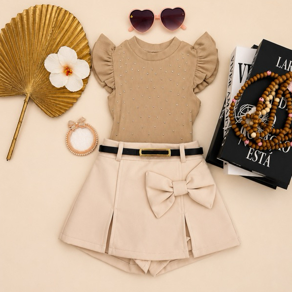 Conjunto Infantil Menina Short Saia Alfaiataria Laço frontal + Blusa Bilho Pedrarias Moda Blogueirinha Passeios e Festas