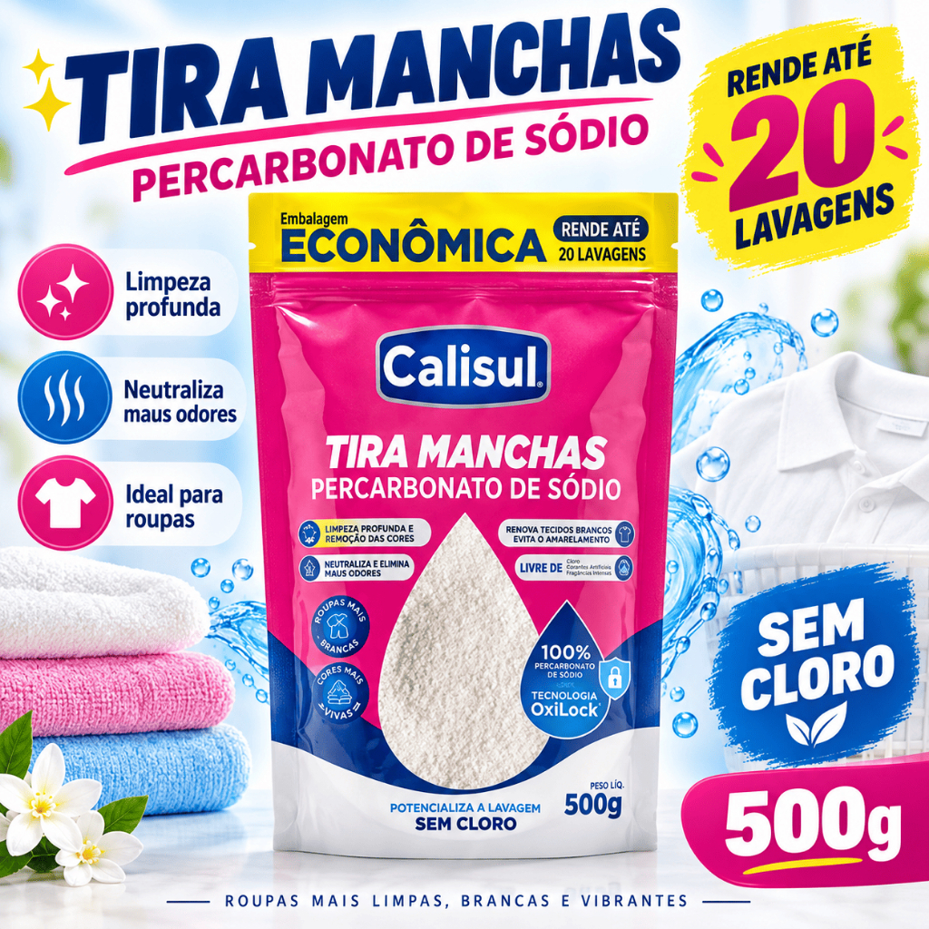Percarbonato de Sódio 500g Calisul Alvejante Oxigênio Ativo Tira Manchas Branqueador Roupas Brancas Coloridas