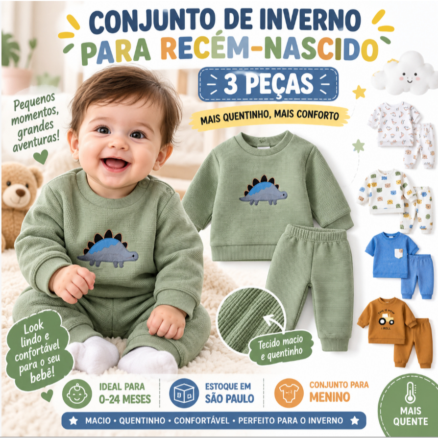 Payifang Kit 3 Peças Conjunto Inverno Bebê Recém-Nascido 0-24 Meses Roupa Infantil Estampado Animais Menino