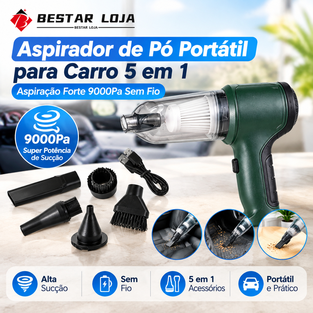 BESTAR LOJA  Aspirador de Pó Portátil para Carro 5 em 1 Sucção Forte 9000Pa Sem Fio
