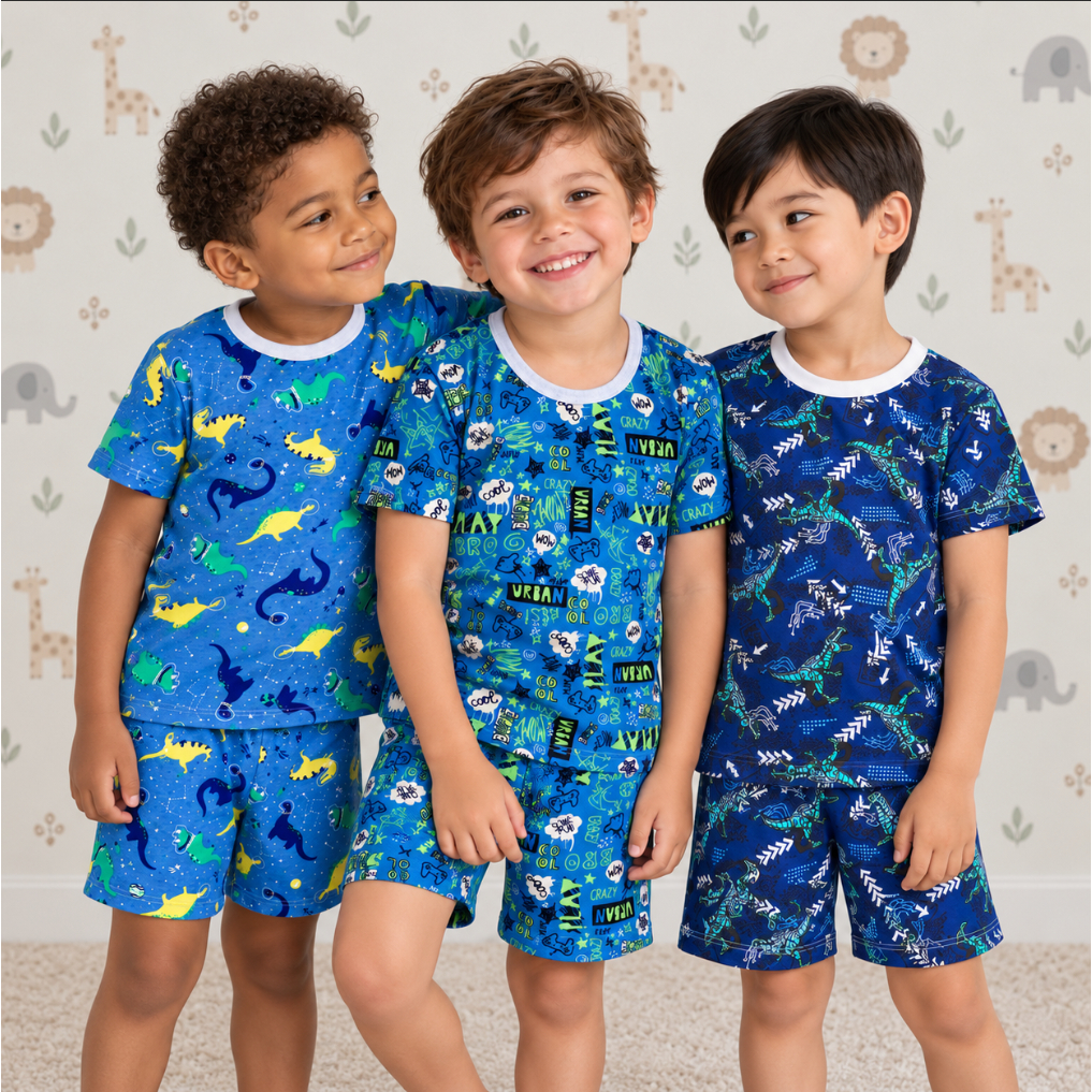 Kit 3 Conjuntos Pijama Infantil Menino Short e Camiseta Blusa Algodão Dinossauros e Gamer de Dormir AJZ