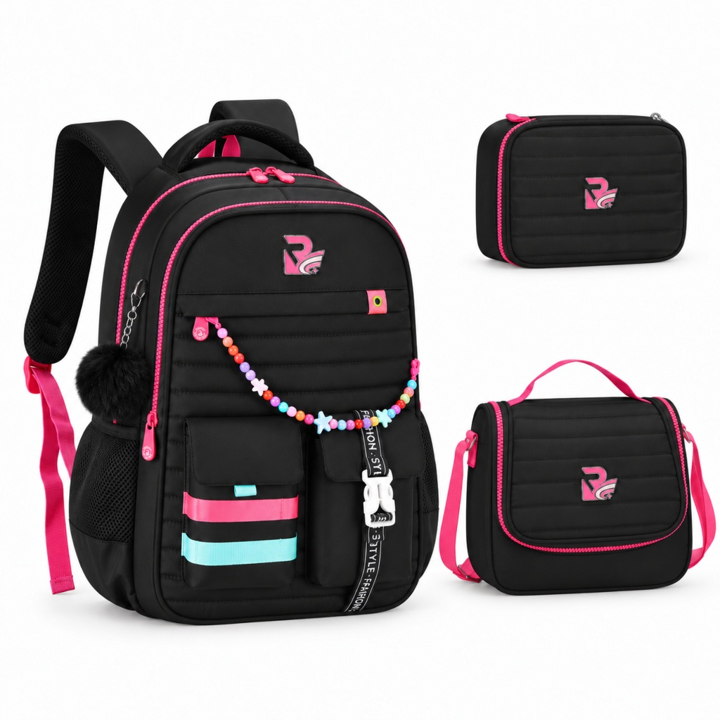 3 Kit Mochila Feminina Escolar com Pompom e Miçangas, Grande Capacidade, Vários Compartimentos para Escola e Viagem