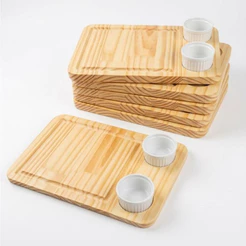 Kit 5 ou 10 Tábua de Lanche Madeira 30x19cm + 2 Ramequins 50ml para Molho