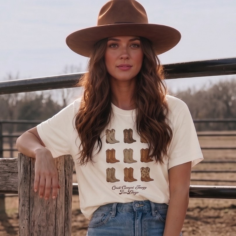 Blusa Feminina Estilosa T Shirt Rodeio Cowgirl Botas Sertanejo Moda Feminina Fazenda Estampada DTF