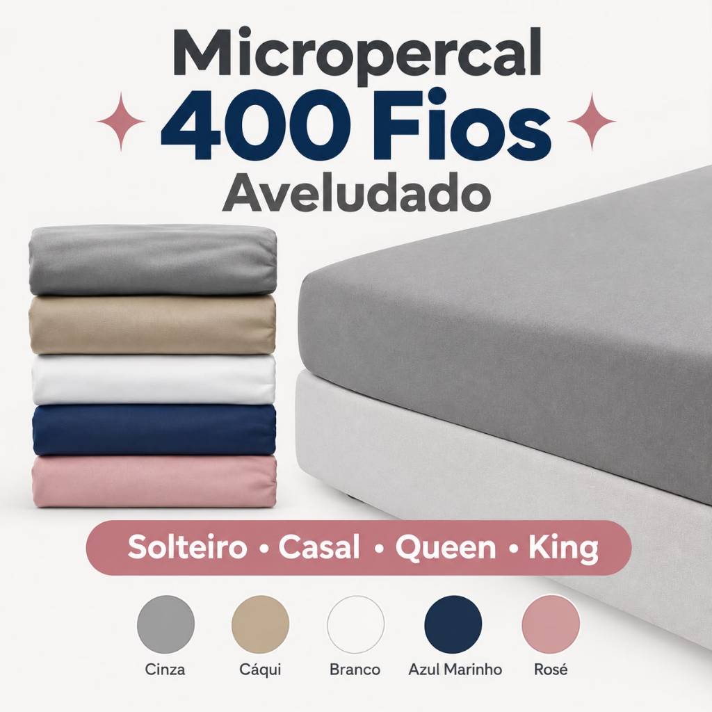 Lençol Avulso com Elástico Micropercal 400 Fios Solteiro Casal Queen King Toque Aveludado Premium