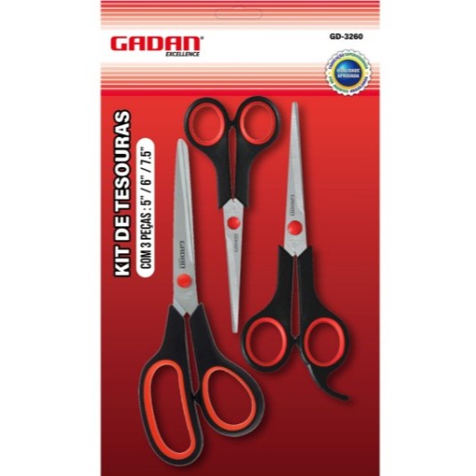 Tesouras 3pçs Multiuso Inox Tecido Papelaria Bom-3301