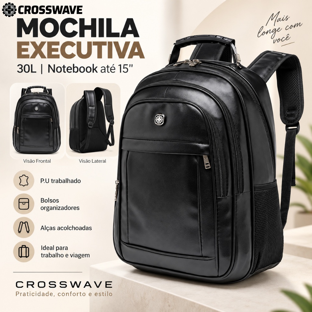 Mochila Executiva Crosswave 30L para Notebook 15” com Bolsos Organizadores, Alças Acolchoadas e P.U