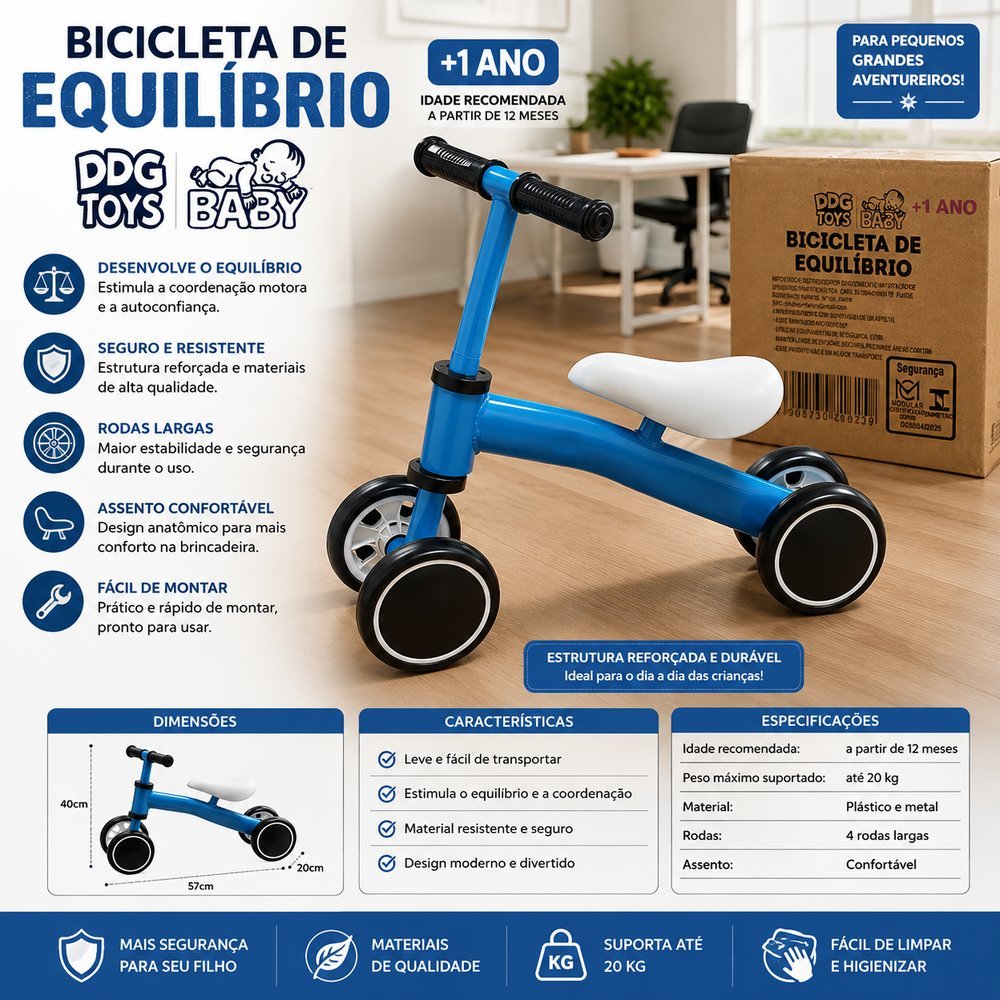 🚲 Bicicleta Infantil de Equilíbrio — Azul 💙 ✨ Diversão, segurança e desenvolvimento em cada passeio!